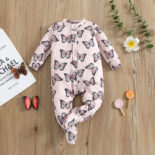 Baby Baby Spring and Autumn Butterfly Cute Print Pink Jumpsuit Long Sleeve Foot Crawling Suit