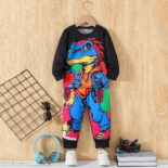 Style boy cartoon dinosaur pattern round neck long sleeve top and trousers 2-piece set autumn and winter