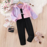 Children's clothing, autumn and winter, style, tie-dye, lapel, fur coat, suspender jumpsuit, long pants, girls' suit - Image 2