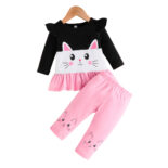Baby girl cartoon emoji print flying sleeve long sleeve stitched top + cat print trouser set - Image 5