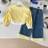 Autumn Female Treasure New Set Children's Three-Piece Set Fashionable Girls Jeans Sweatshirt Set - Image 5