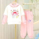 Autumn Girls Long Sleeve Color-Blocked Fleece Hooded Sweatshirt Set Style Casual and Versatile Two-Piece Pair Girls Kids - Image 2