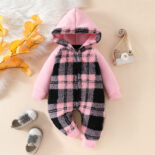 Autumn and winter baby and toddler comfortable fleece plaid pattern stitching long sleeve trousers warm home jumpsuit.