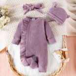 Boy and girl baby solid color long sleeve jumpsuit hat bandana - Image 4