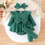 Autumn and winter new newborn baby round neck solid color small twist one-piece dress + head estimate socks - Image 3