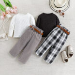 Children's Clothing New Girls' Autumn Two piece Set Long Sleeve Top Color Contrasting Checkered Pants Belt