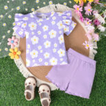 Children's clothing new round neck pit stripe flower print top with solid color fungus shorts two-piece set - Image 6