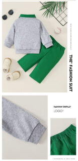 Baby boys and girls gray long sleeve golf embroidered lapel zipper top and green trousers set spring and autumn - Image 6