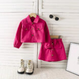 Spring and autumn girls, solid color lapels, long-sleeved breasted jacket with bow short skirt two-piece set