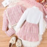 Autumn/Winter New Girls' Set Solid Color High Neck T Small Fragrant Striped Skirt Set with Bag - Image 3