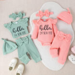 Girl baby letter print long sleeve, bow pants, hat, bandana set
