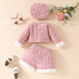Baby girl small fragrance suit autumn move new fur spliced jacket + shorts + beret three-piece set - Image 2