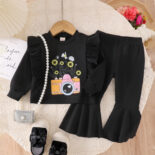 Autumn new children's set cartoon print ruffle pullover flared trousers