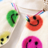 Children's Clothing Children's New Girls Autumn and Winter Rabbit Fur Color Smiley Face Zipper Jacket - Image 3