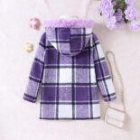 Children's Clothing Medium and Big Children's New Girls Autumn and Winter Plaid Wool Collar Long Jacket - Image 2