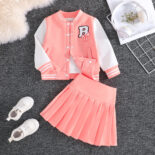 Girls' casual baseball uniform jacket + solid color pleated skirt set College style children's set