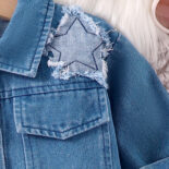 Spring and autumn children's set lapel star patch long sleeve denim jacket short skirt set - Image 5