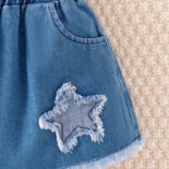 Spring and autumn children's set lapel star patch long sleeve denim jacket short skirt set - Image 8