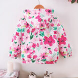 Children's Clothing New Girls Autumn and Winter Floral Print Hooded Fleece Jacket - Image 2