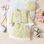 Autumn and winter girls' suits: small and medium-sized children's small fragrance long-sleeved tweed jacket, raw skirt, hat three-piece set