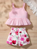 Girls' Spring and Autumn New Top Solid Color Strap Top+Flower Printed Shorts Two Piece Set - Image 2