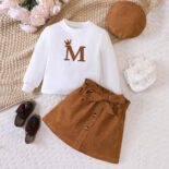 Children's Clothing New Girls Autumn and Winter Alphabet Patch Embroidered Sweatshirt Short Skirt Set
