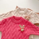 Girls' sweater skirt autumn and winter new solid color rabbit head knitted two-piece set baby girl reverse collar long sleeve - Image 5