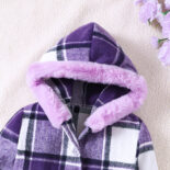 Children's Clothing Medium and Big Children's New Girls Autumn and Winter Plaid Wool Collar Long Jacket - Image 4