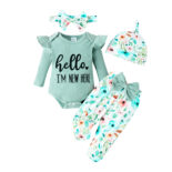 New autumn and winter baby girl four-color pit stripe letter print long sleeved+long pants with hat four piece set - Image 5