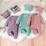 Boy and girl baby solid color long sleeve jumpsuit hat bandana