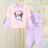 Autumn Girls Long Sleeve Color-Blocked Fleece Hooded Sweatshirt Set Style Casual and Versatile Two-Piece Pair Girls Kids - Image 3