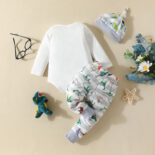 Autumn baby clothing set, boys' baby dinosaur long sleeved printed jumpsuit, long pants, hat, three piece set - Image 2