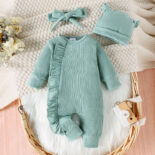 Boy and girl baby solid color long sleeve jumpsuit hat bandana - Image 3