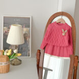 Girls' sweater skirt autumn and winter new solid color rabbit head knitted two-piece set baby girl reverse collar long sleeve - Image 2