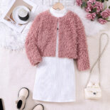 Children's Clothing Medium and Big Girls Autumn and Winter New Plush Jacket Knitted Dress Set - Image 3