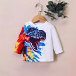 Baby boy spring and autumn cartoon dinosaur print round neck pullover version long sleeve top tide