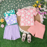 Children's clothing new round neck pit stripe flower print top with solid color fungus shorts two-piece set - Image 4