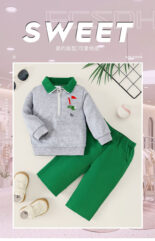 Baby boys and girls gray long sleeve golf embroidered lapel zipper top and green trousers set spring and autumn - Image 4