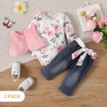 Newborn baby girl spring and autumn floral print long sleeve bag coat vest trousers
