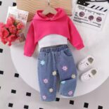 Children's clothing fall new girls casual sweatshirt set solid color hooded sweatshirt suspenders - Image 3