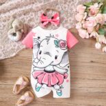 Newborn babies and toddlers stitched with short sleeves and cute skirts, small elephant prints can be opened, and the one-piece crawling clothes tide - Image 5