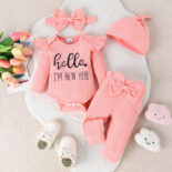 Girl baby letter print long sleeve, bow pants, hat, bandana set - Image 3