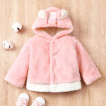 Autumn and winter new plush baby long sleeve hooded animal embroidery thick coat one piece