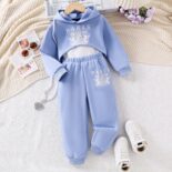 Girls autumn and winter, hooded long sleeve letter print sweatshirt trousers three-piece set - Image 2