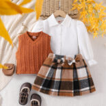 Spring and autumn girls' suit, college style long-sleeved shirt + plaid skirt + sweater vest three-piece set