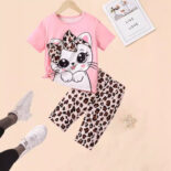 لآaby girl summer cartoon avatar leopard print short sleeve top two-piece set tide