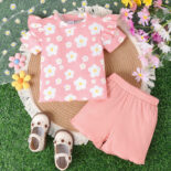 Children's clothing new round neck pit stripe flower print top with solid color fungus shorts two-piece set - Image 5