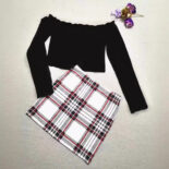 New women's fashion off-the-shoulder long sleeve T-shirt + plaid skirt set - Image 4