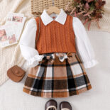 Spring and autumn girls' suit, college style long-sleeved shirt + plaid skirt + sweater vest three-piece set - Image 6