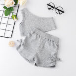 Summer children's vest with a straight shoulder 2-piece set children's clothing solid color slanted shoulder camisole, shorts and girls set - Image 2